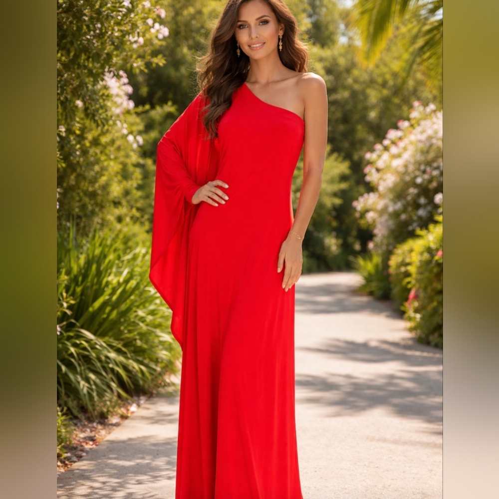 VENUS One-Shoulder Maxi Dress  Sz L Red Long Sleves Spandex